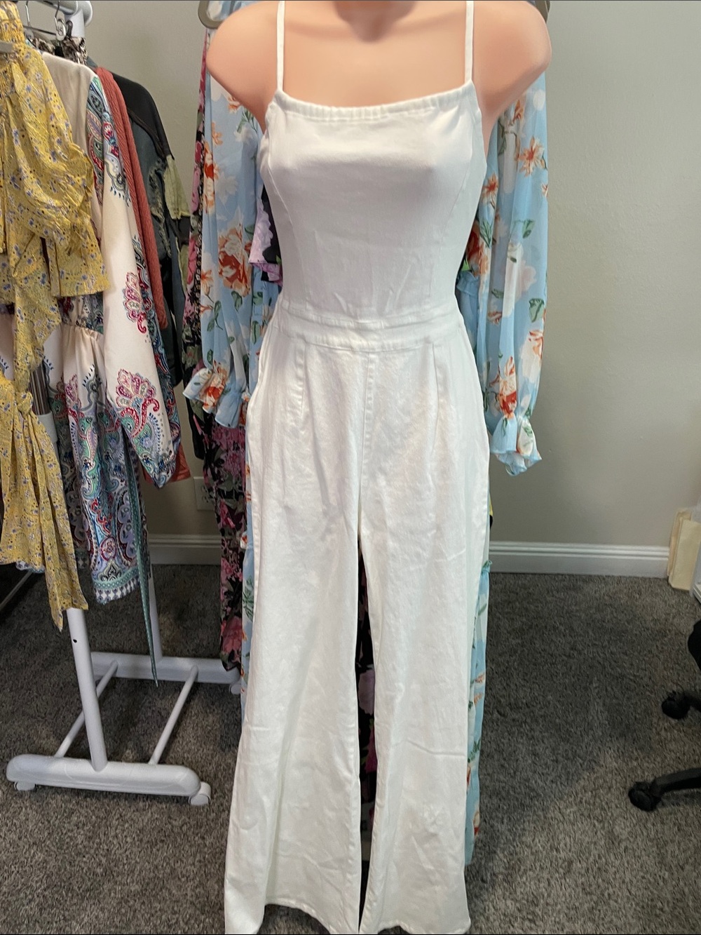 White Wide-Leg Stretch Lightweight Denim  Jumpsuit